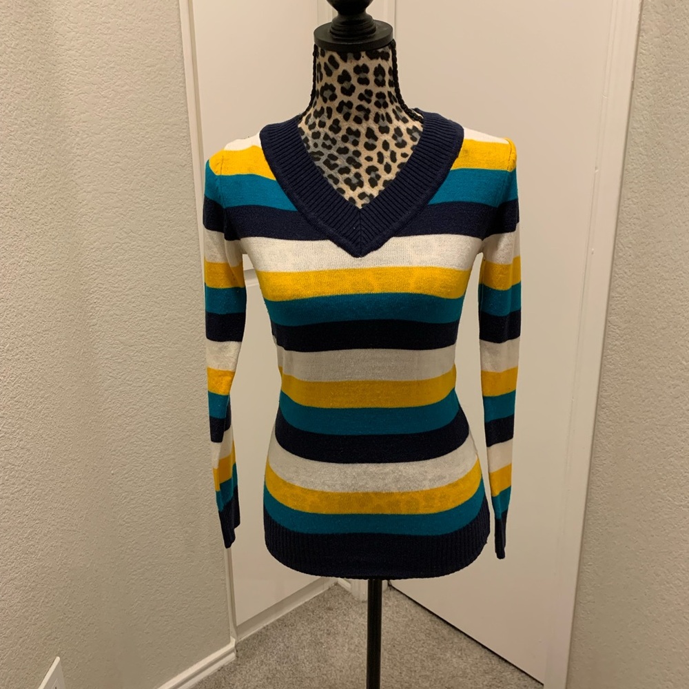 Striped V-Neck Sweater - Navy, Yellow, White